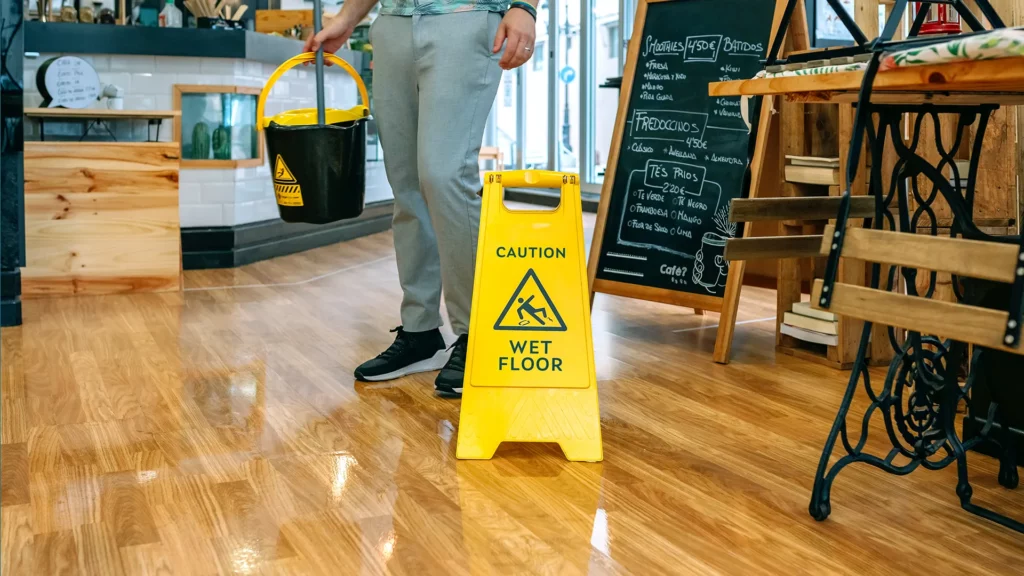 Water on the floor with a wet floor sign and employee carrying a bucket.